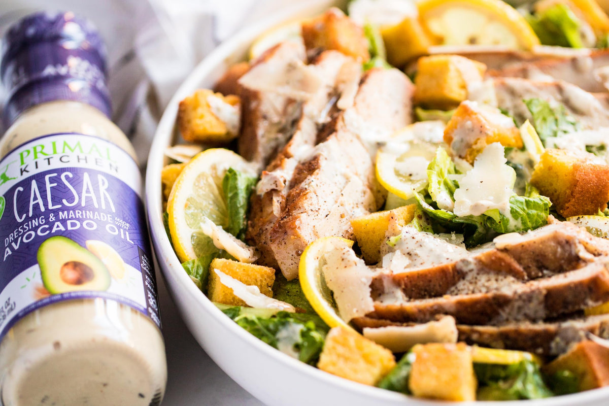 Primal Kitchen dressings used as a marinade for chicken and vegetables