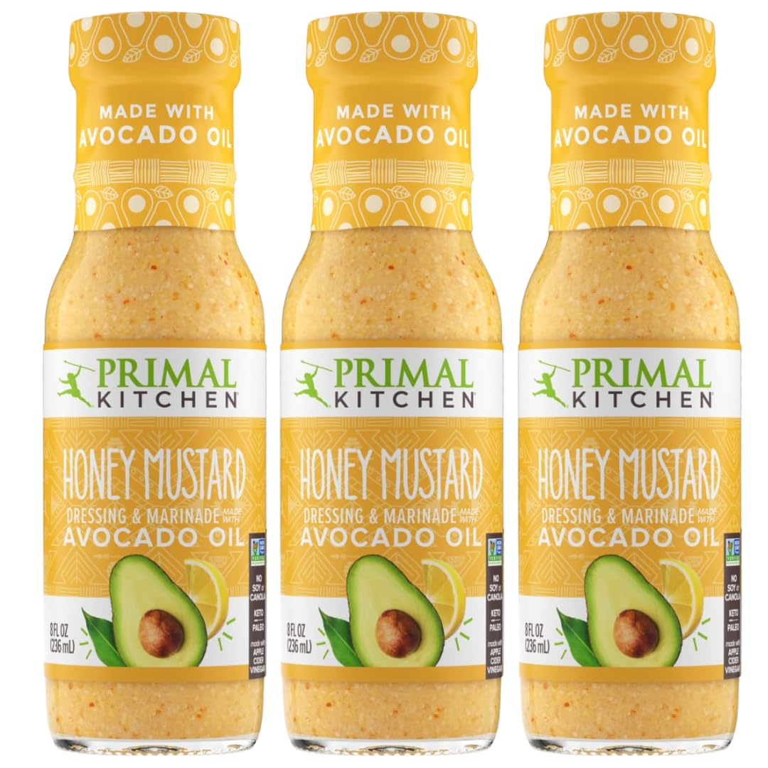 Primal Kitchen Honey Mustard Vinaigrette bottle pour for smooth, even salad coating