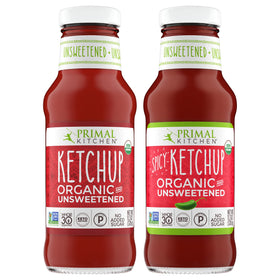 Primal Kitchen Organic Ketchup Original Unsweetened bottles lineup for bold tomato flavor