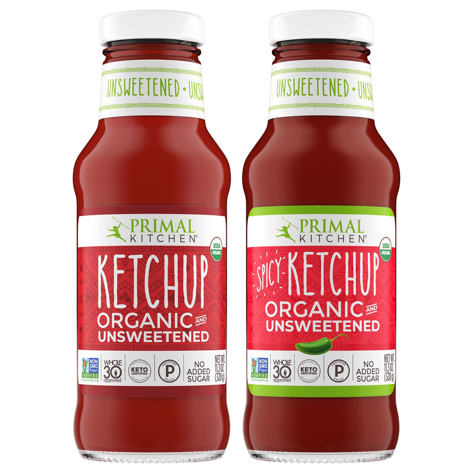 Primal Kitchen Organic Ketchup Original Unsweetened bottles lineup for bold tomato flavor