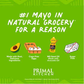 Primal Kitchen mayo on burgers and sandwiches, smooth spread boosts savoriness.