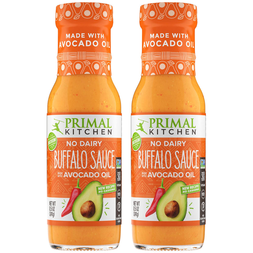 Primal Kitchen No Dairy Buffalo Sauce bottle with avocado oil for rich, dairy-free flavor