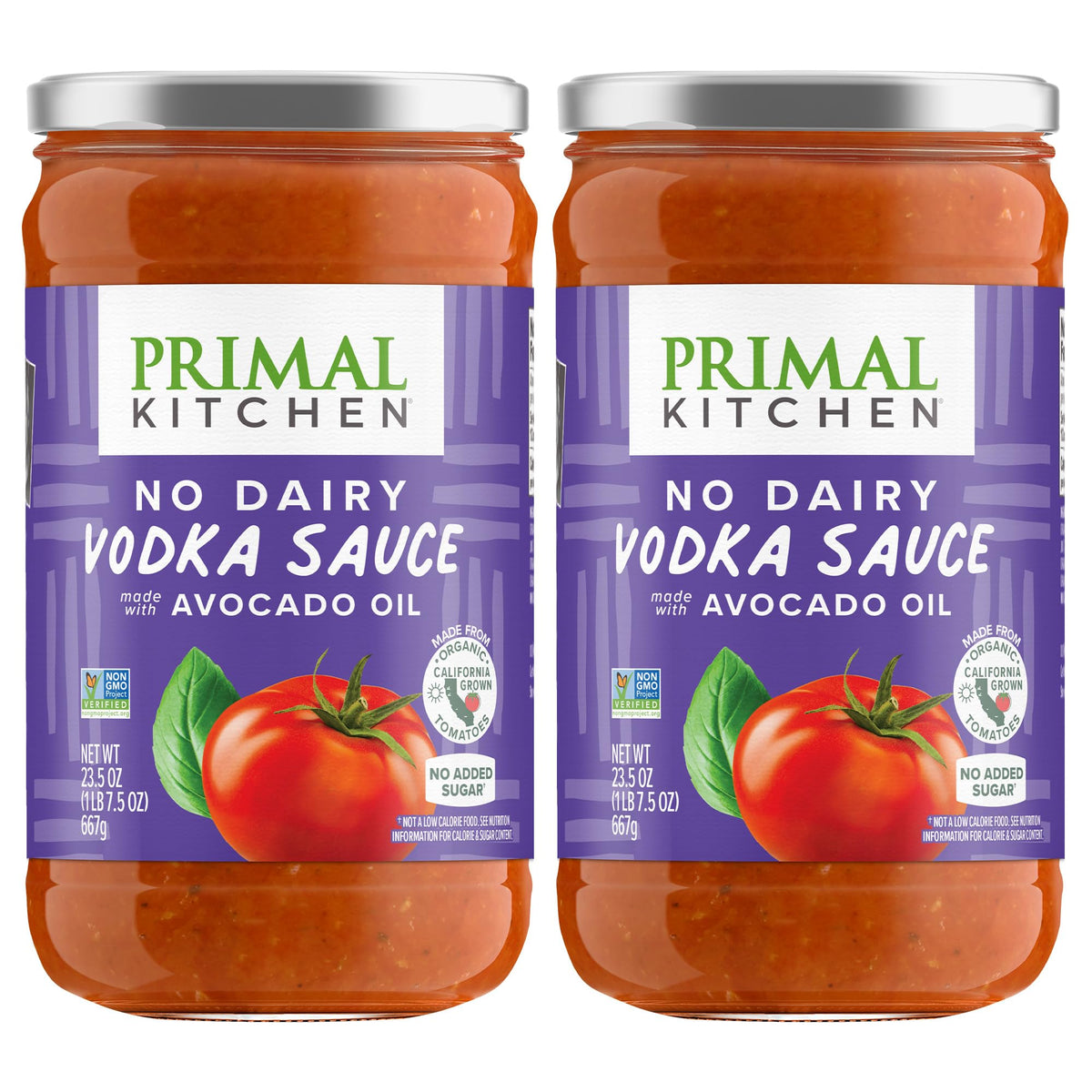 Primal Kitchen No Dairy Vodka Sauce 2-pack bottle display, dairy-free creaminess.