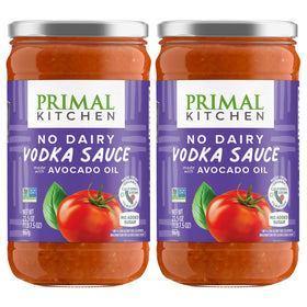 Primal Kitchen No Dairy Vodka Sauce 2-pack bottle display, dairy-free creaminess.