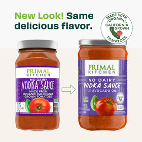 Primal Kitchen No Dairy Vodka Sauce poured over pasta, dairy-free and creamy.