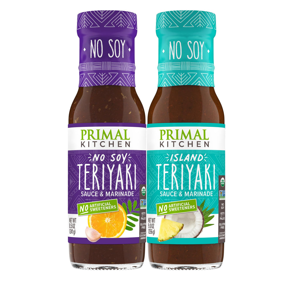 Primal Kitchen Original No-Soy Teriyaki bottle pour highlights rich, sugar-free flavor for quick weeknight marinades.