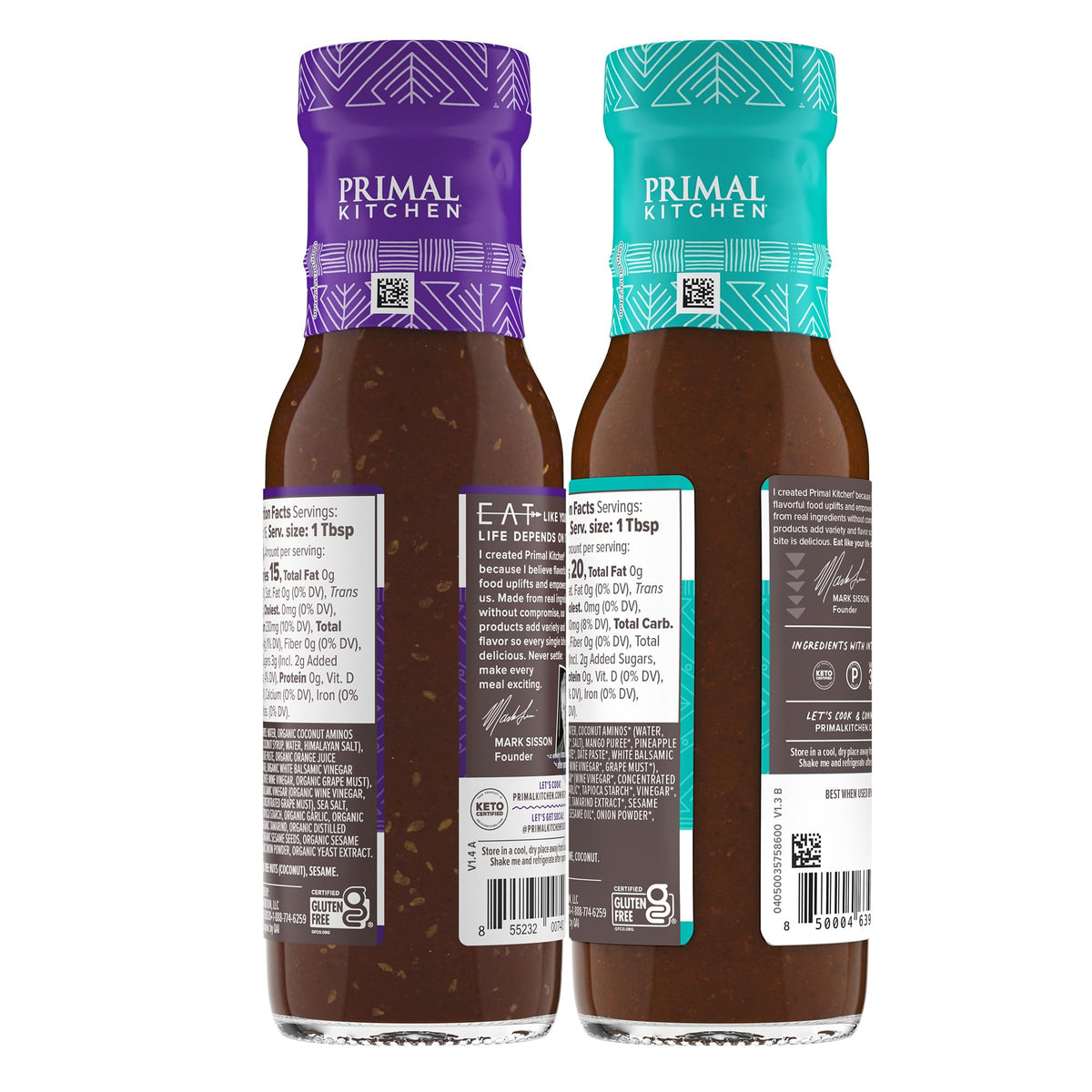 Primal Kitchen pantry setup shows no soy, gluten-free, keto-friendly sauce options.