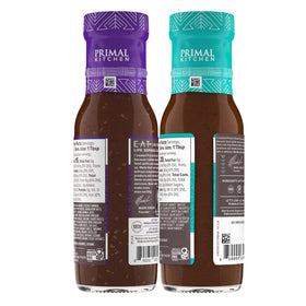 Primal Kitchen pantry setup shows no soy, gluten-free, keto-friendly sauce options.