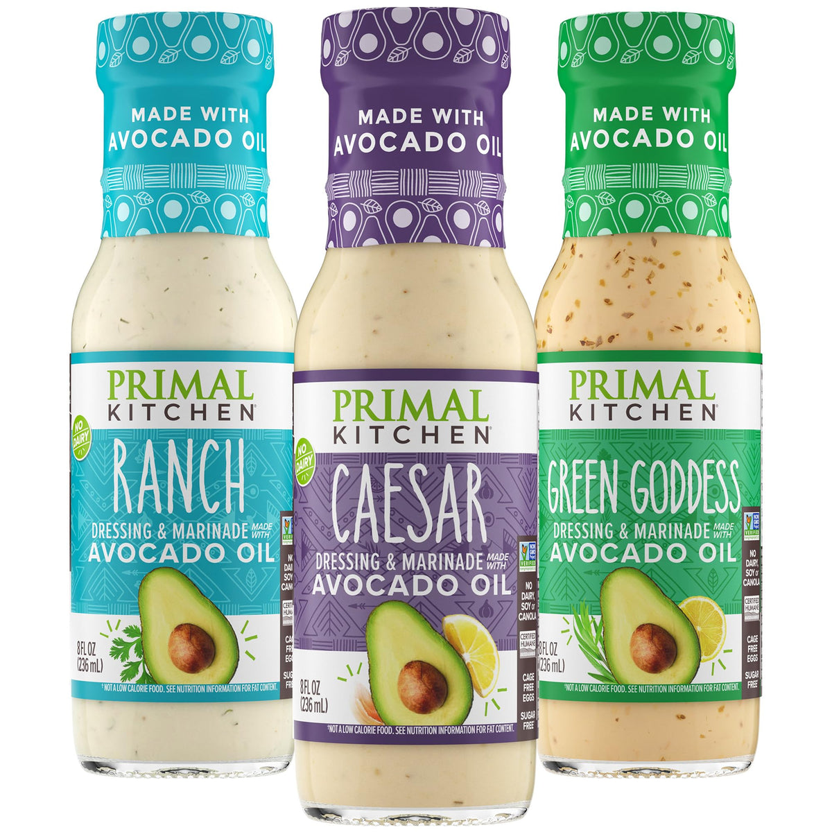 Primal Kitchen Ranch dressing bottle pour, creamy texture ideal for salads and toppings.