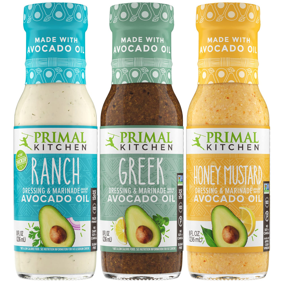 Primal Kitchen Ranch dressing bottle pour for creamy salads