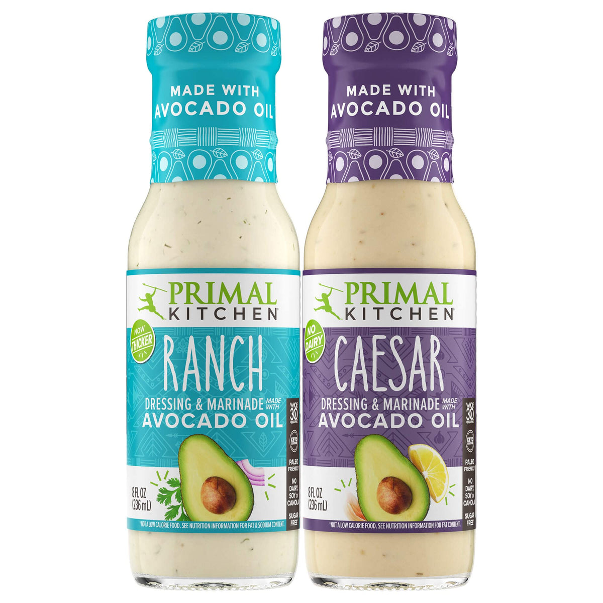 Primal Kitchen Ranch dressing bottle pour over a fresh salad