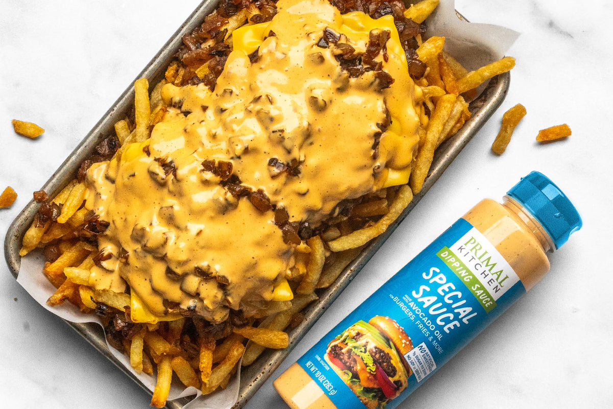 Primal Kitchen Special Sauce bottle pour elevates burgers and Reuben sandwiches.
