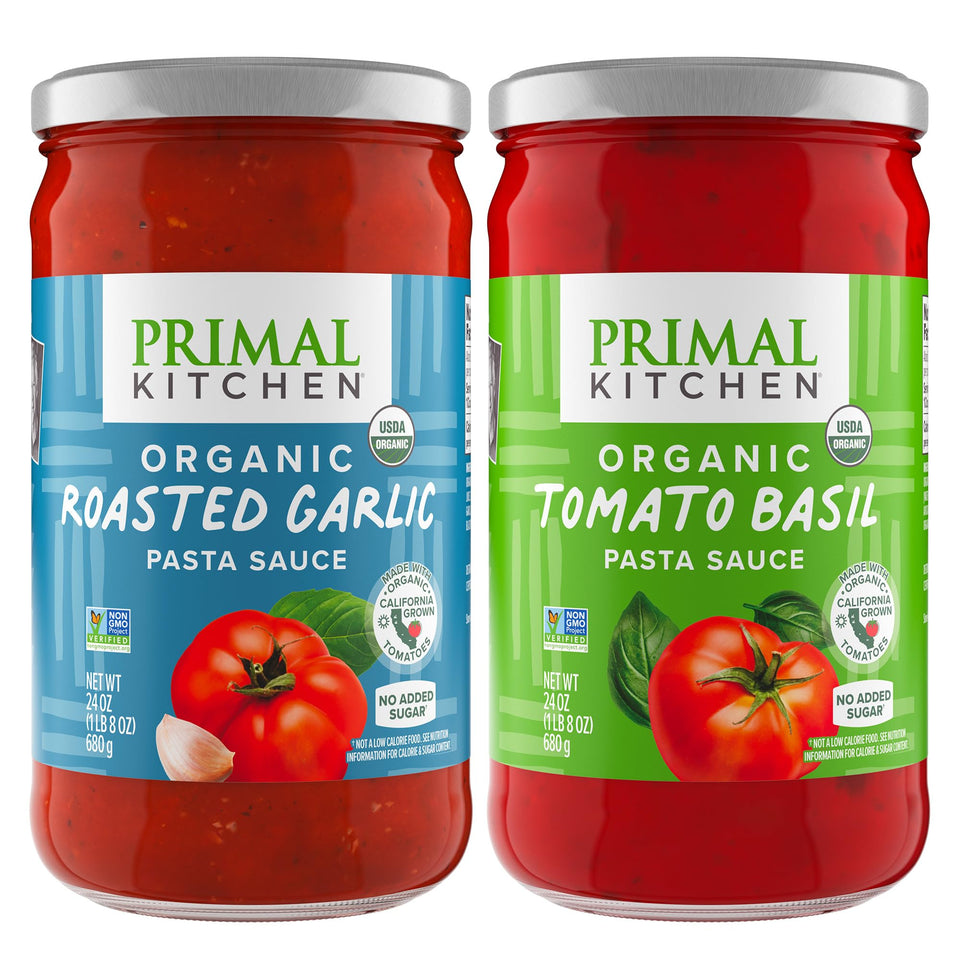 Primal Kitchen Tomato Basil Marinara bottle on countertop; sugar-free and gluten-free.