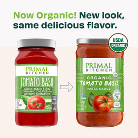 Primal Kitchen Tomato Basil Marinara poured over pasta for a quick meal.