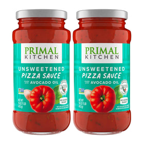 Primal Kitchen unsweetened red pizza sauce 2-pack bottles on kitchen counter for quick dinners