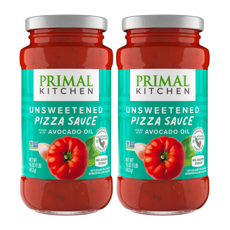Primal Kitchen unsweetened red pizza sauce 2-pack bottles on kitchen counter for quick dinners