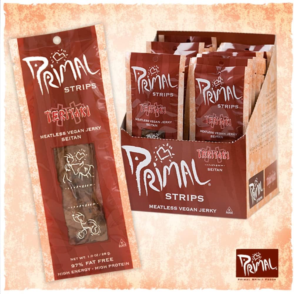 Primal Spirit Jerky 24-pack, versatile vegan snack for gym bags and road trips.