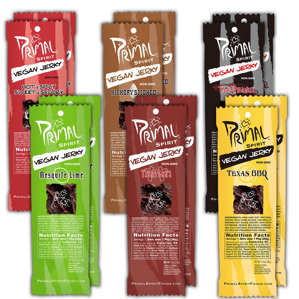 Primal Spirit Jerky Sampler Pack cover image showing six classic vegan flavors for on-the-go snacking