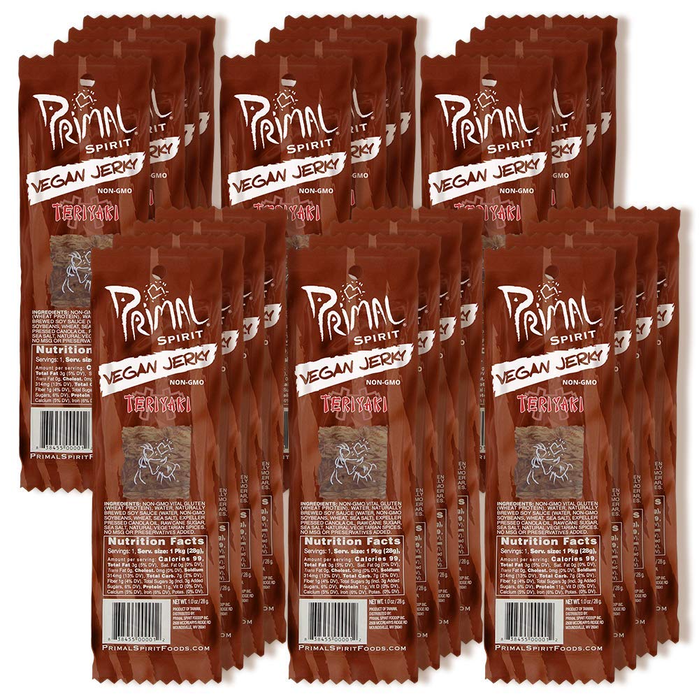 Primal Spirit Jerky Teriyaki classic 24-pack closeup, protein-rich snack for athletes.