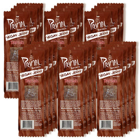 Primal Spirit Jerky Teriyaki classic 24-pack closeup, protein-rich snack for athletes.