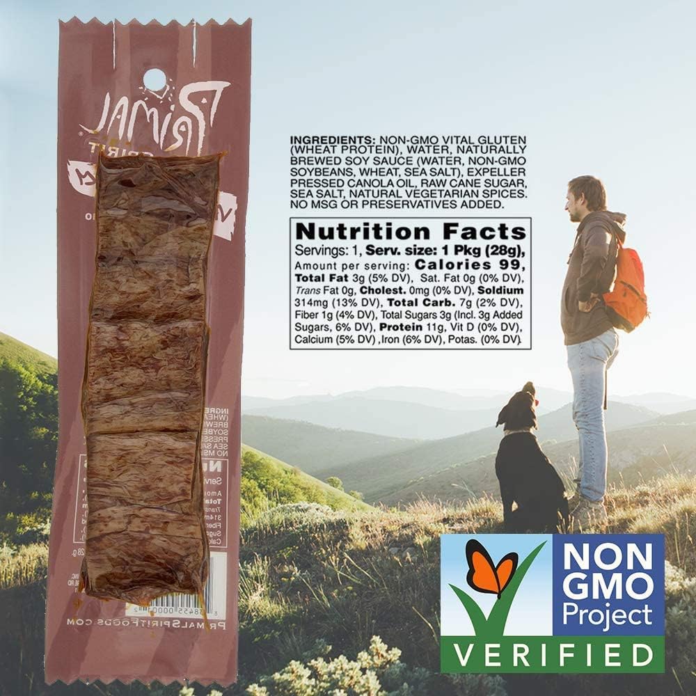 Primal Spirit vegan jerky texture closeup, satisfying chew for plant-based protein on the go.