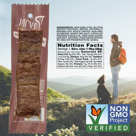 Primal Spirit vegan jerky texture closeup, satisfying chew for plant-based protein on the go.