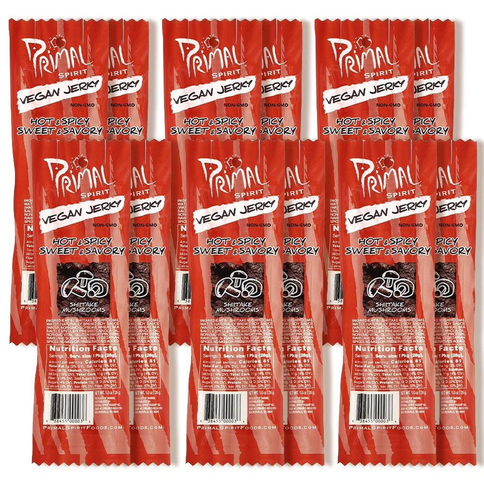 Primal Spirit Shiitake Jerky hot-spicy close-up showing savory chewy texture
