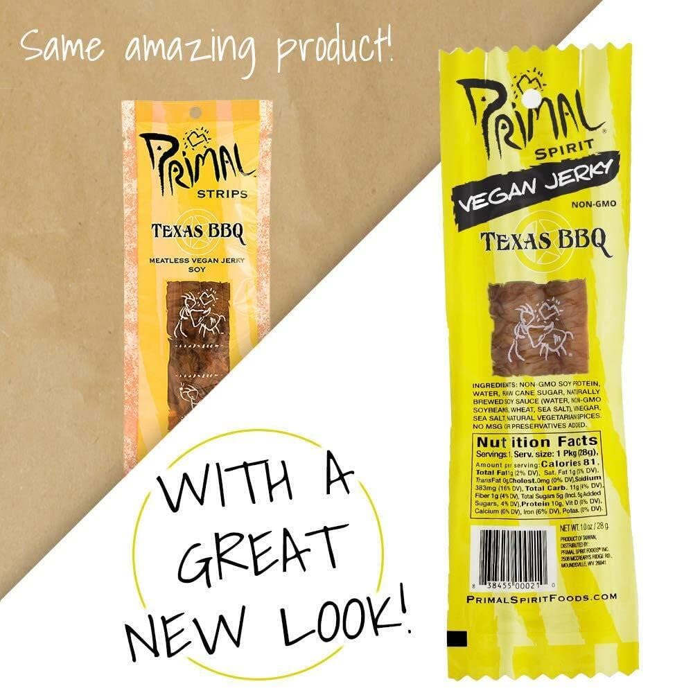 Primal Spirit Vegan Jerky 24-pack packaging on display for convenient snacking.