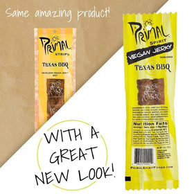 Primal Spirit Vegan Jerky 24-pack packaging on display for convenient snacking.
