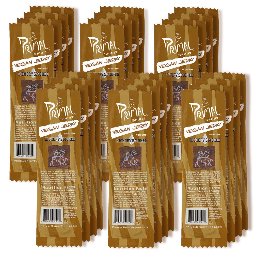 Primal Spirit Vegan Jerky Classic Hickory Smoked 24-pack display for busy days.