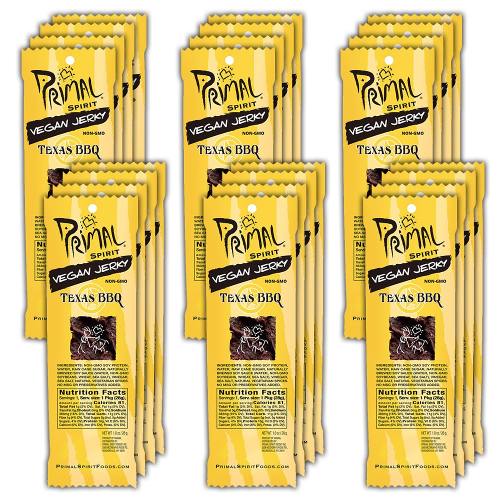 Primal Spirit Vegan Jerky Classic Texas BBQ texture close-up for protein on the go.