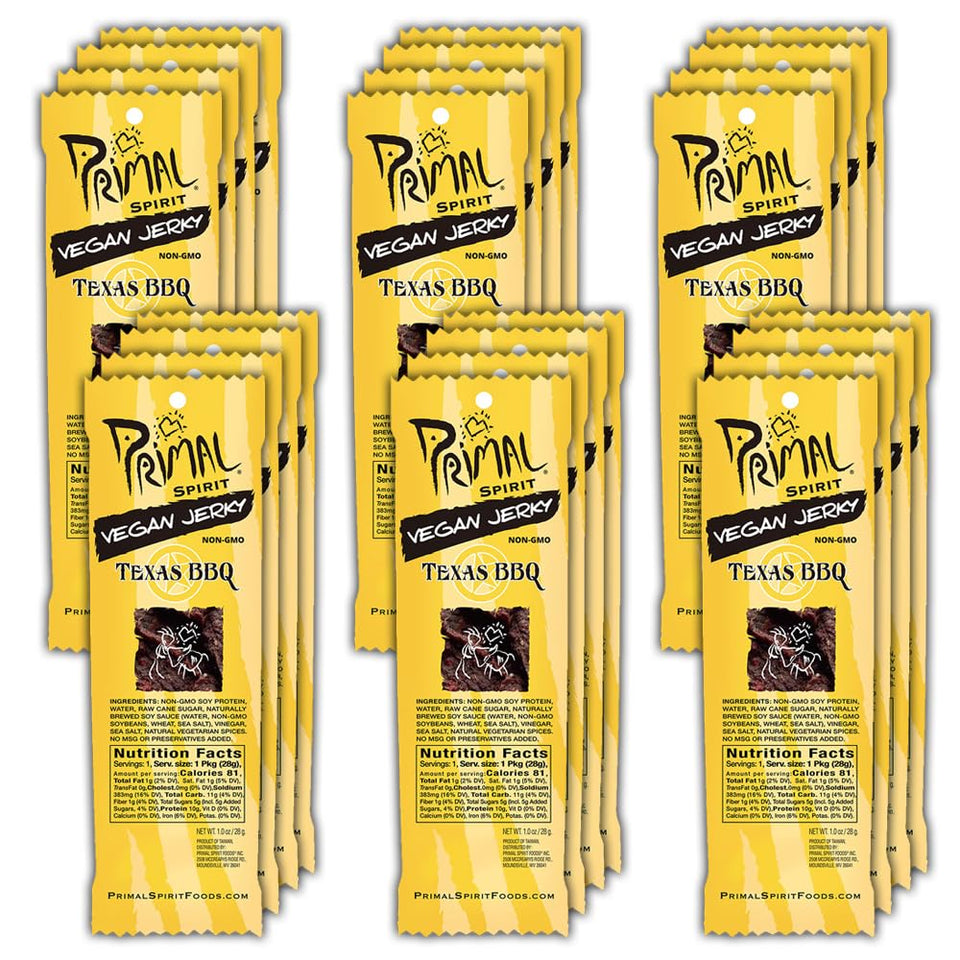 Primal Spirit Vegan Jerky Classic Texas BBQ texture close-up for protein on the go.