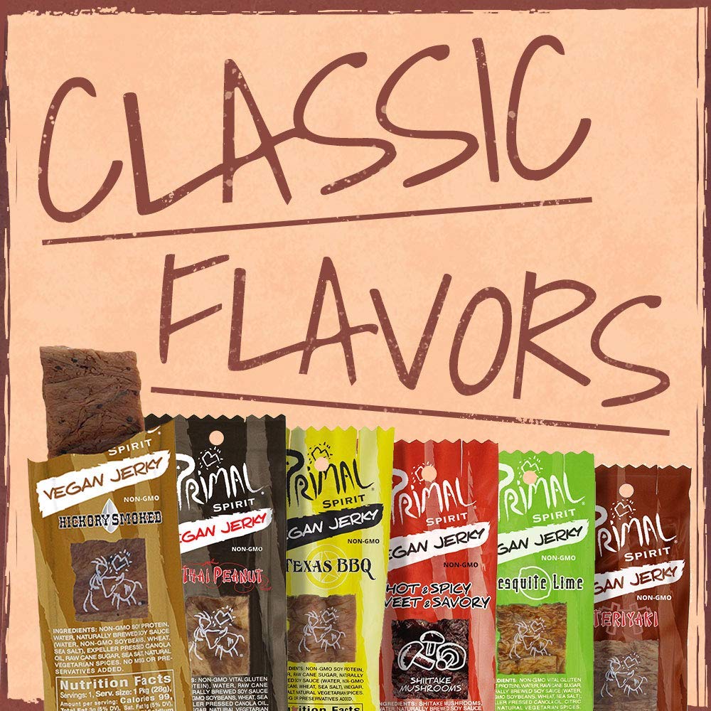 Primal Spirit Vegan Jerky Hot Spicy flavor image showcases bold heat