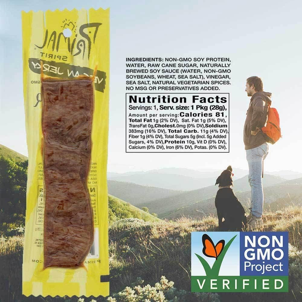 Primal Spirit Vegan Jerky Non-GMO certification badge signals quality.
