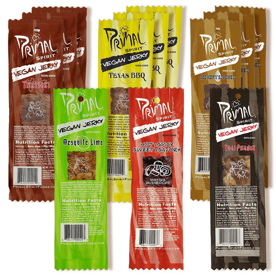 Primal Spirit Vegan Jerky Teriyaki Classics image shows bold flavor and 10 g protein