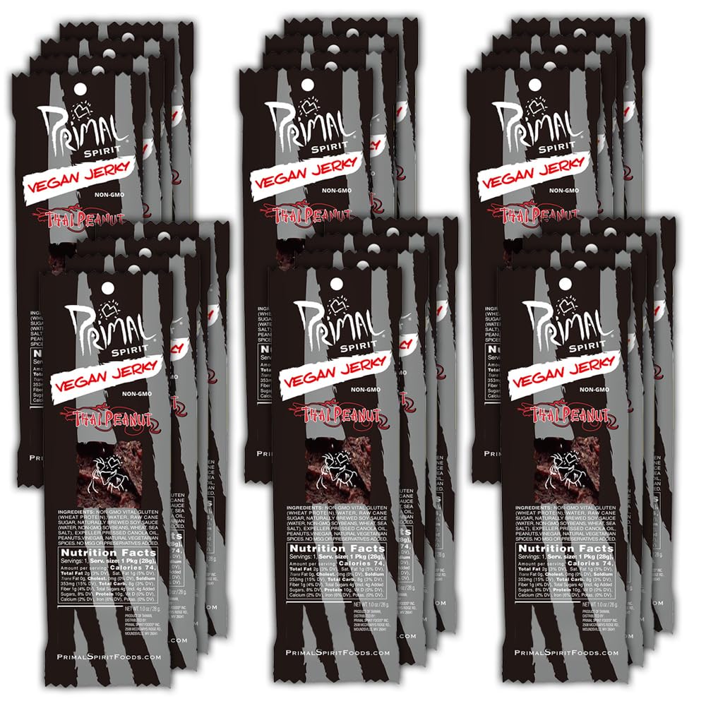 Primal Strips Thai Peanut vegan jerky stick ideal for on-the-go snacking
