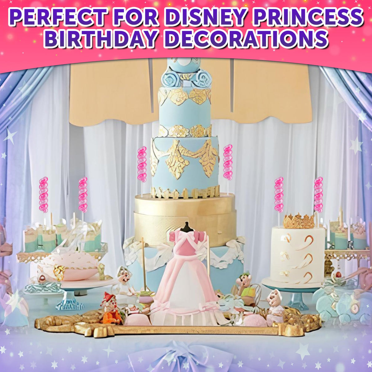 Primary Colors Candy Disney Princess Swirl Lollipops used as princess cake toppers