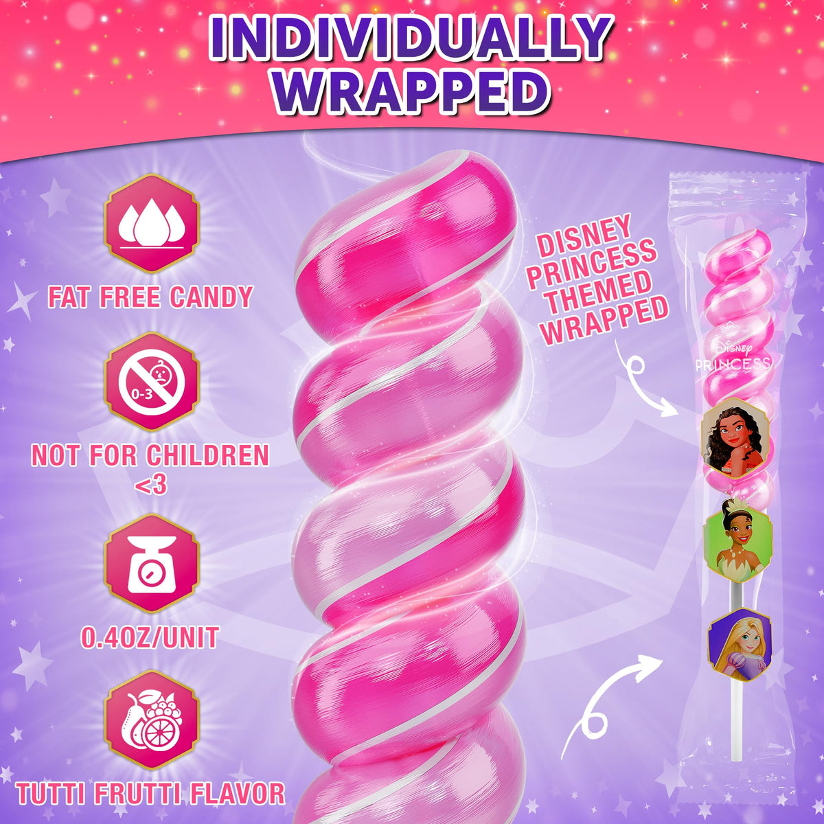 Primary Colors Candy Disney Princess Swirl Lollipops add royalty to treat bags and favors