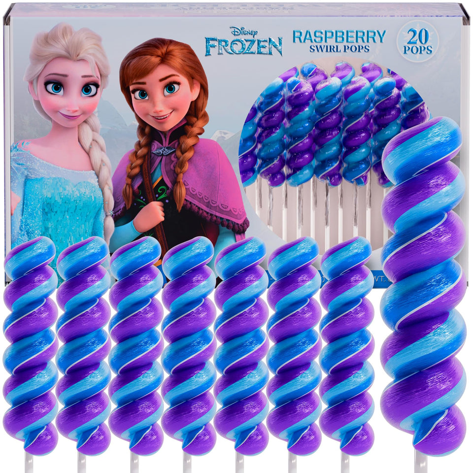 Primary Colors Candy Frozen Swirl Lollipops, individually wrapped for party favors.