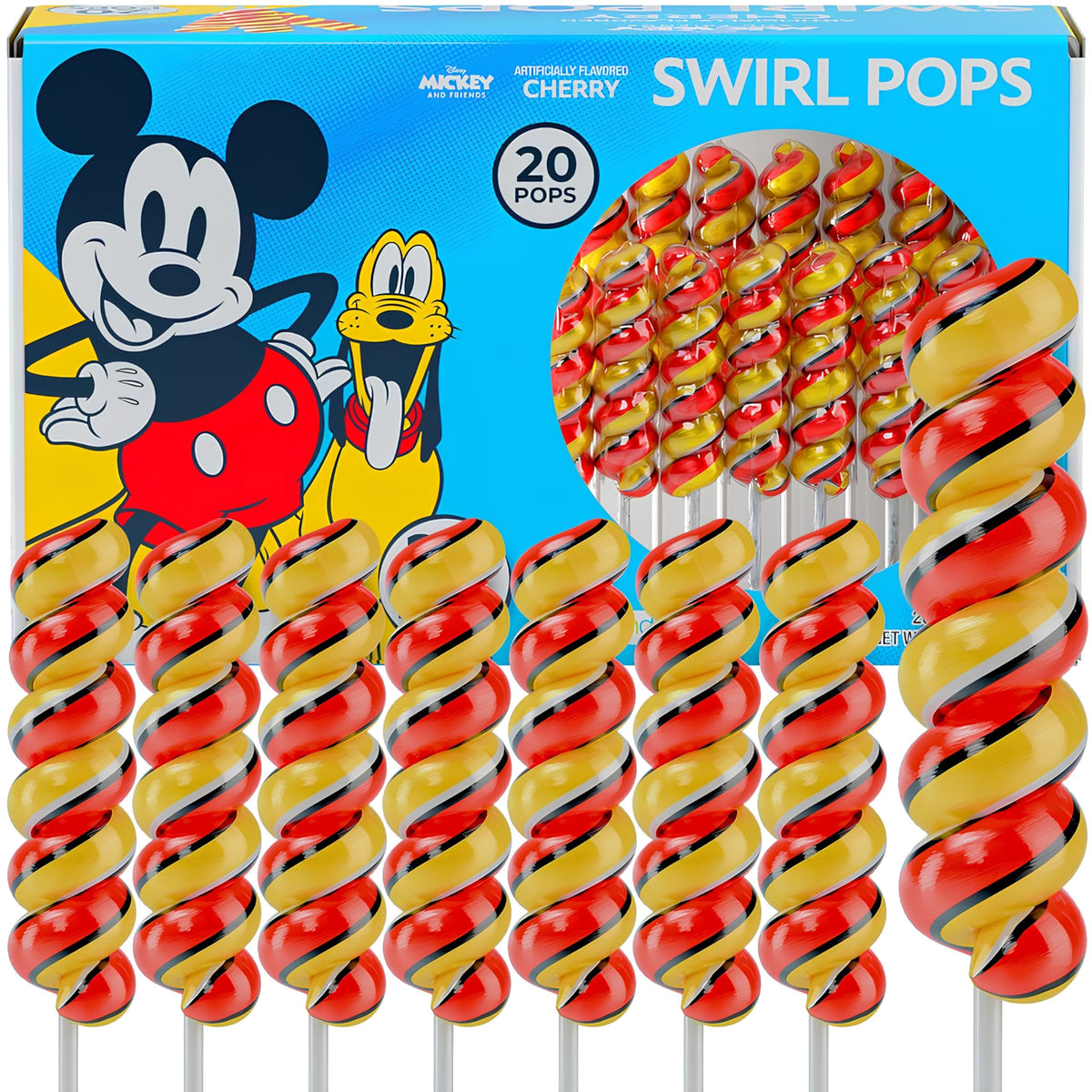 Primary Colors Candy Mickey Mouse swirl lollipops for party favors.