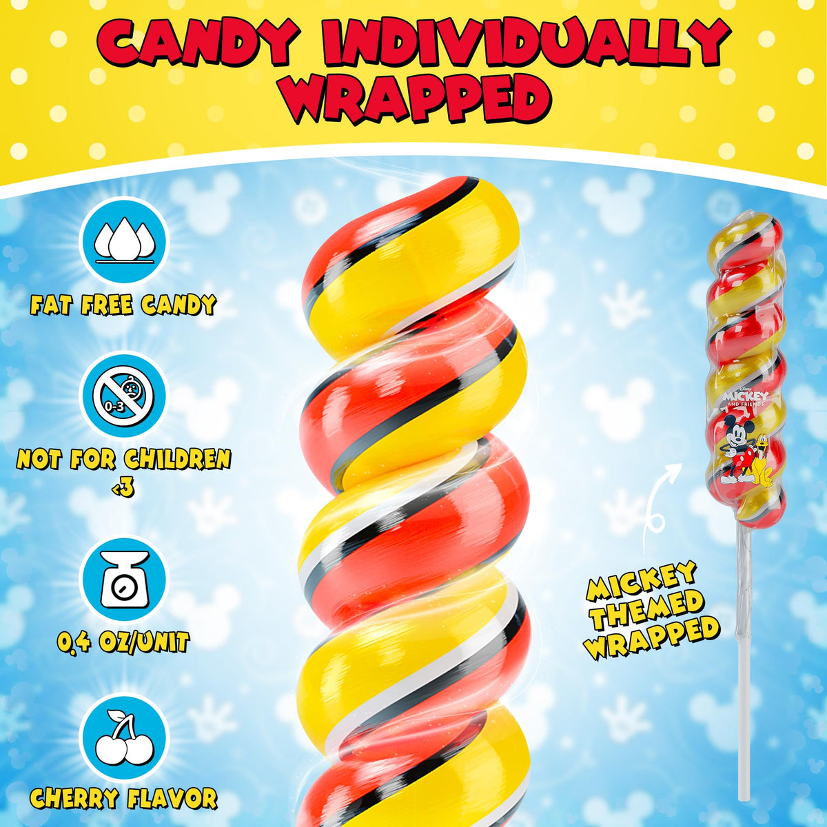 Closeup of Mickey lollipop packaging by Primary Colors Candy.