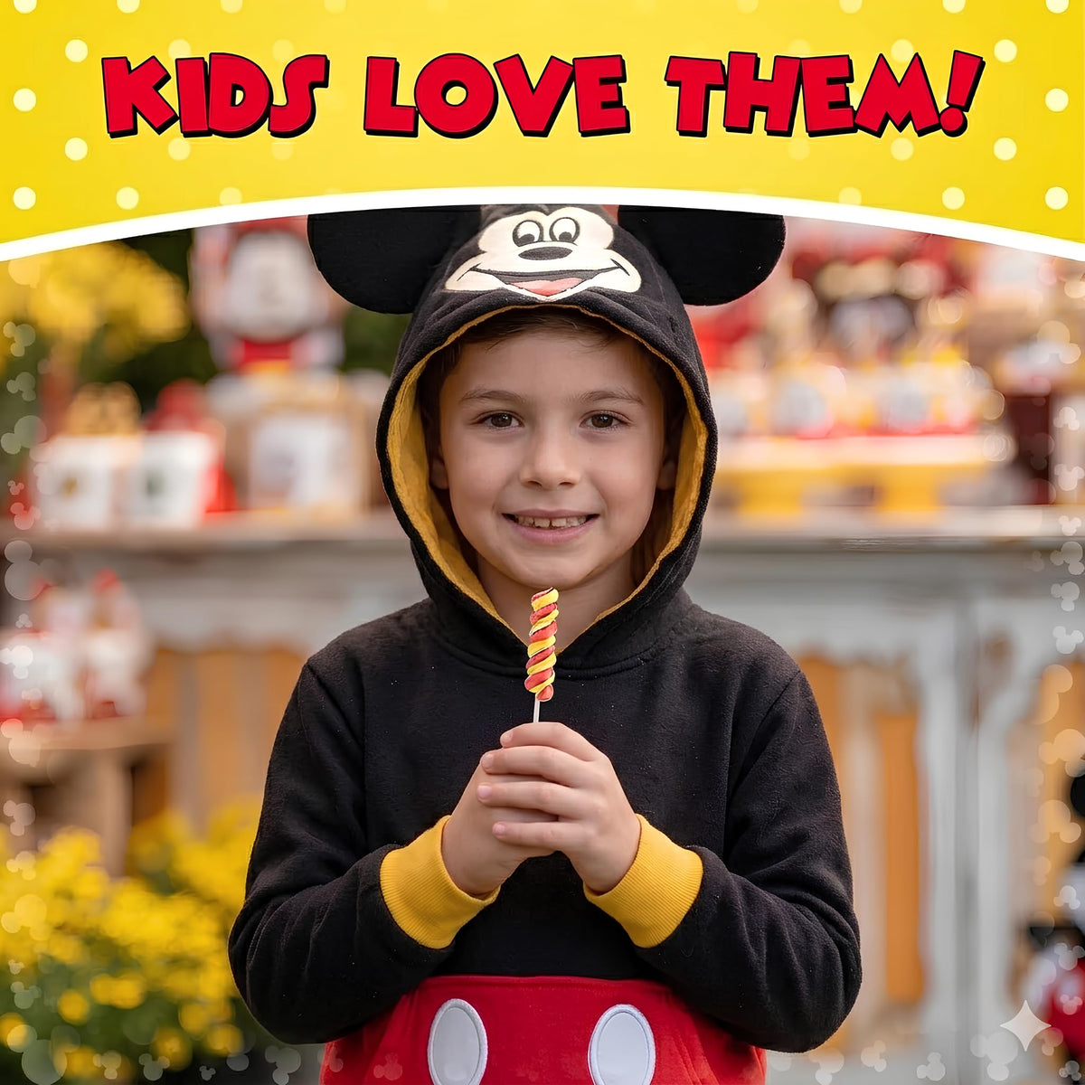 Mickey Mouse pinata stuffed with Primary Colors Candy lollipops.