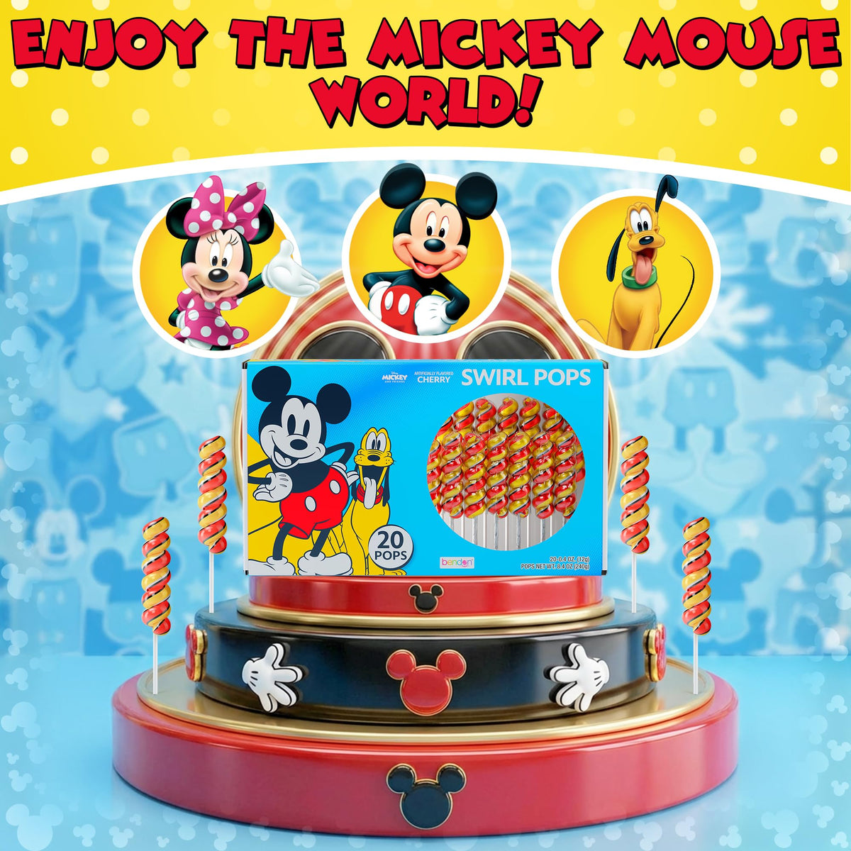 Candy bags filled with Mickey Mouse lollipops for guests.