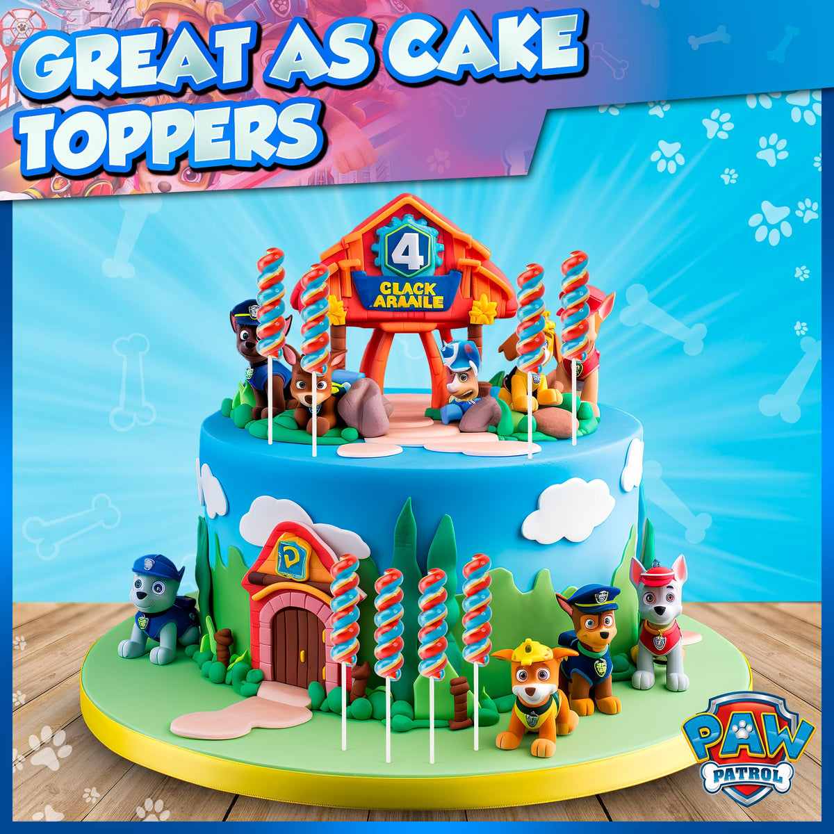 Primary Colors Candy Paw Patrol swirl lollipops packaging closeup for display
