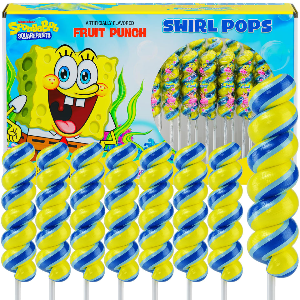 Primary Colors Candy Spongebob swirl lollipop packaging showcases vibrant undersea characters for party decor.