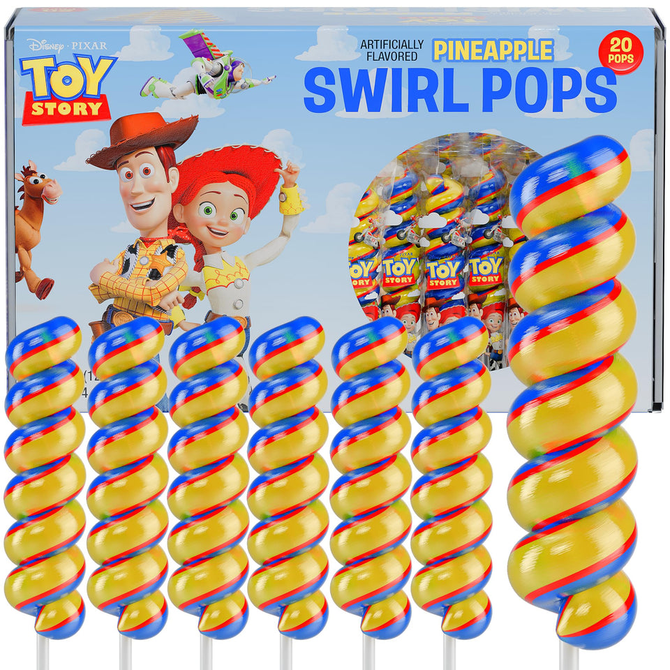Primary Colors Candy Toy Story Lollipops Swirl front-pack display, ready for party decor.