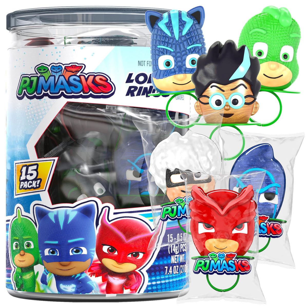 Primary Colors PJ Masks Lollipop Rings tub with 18 character rings, ideal party favors