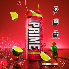 Chilled Prime Energy Cherry Limeade in a glass with ice for refreshing hydration.