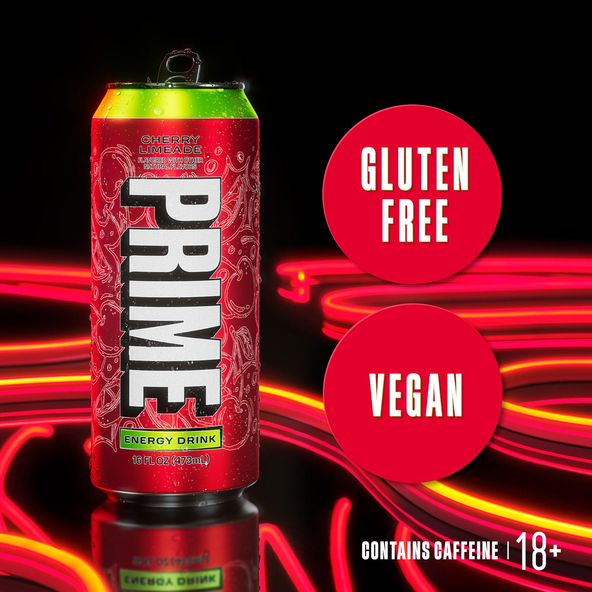 Close-up of Prime Energy Cherry Limeade label highlighting caffeine and electrolytes.