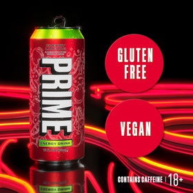 Close-up of Prime Energy Cherry Limeade label highlighting caffeine and electrolytes.